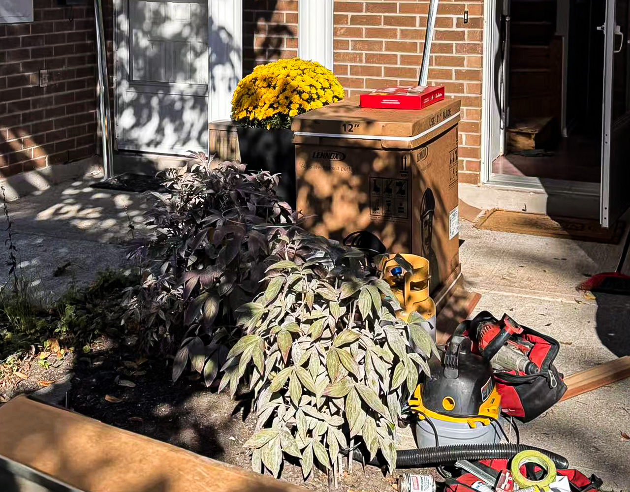 Installation materials and tools ready on site at a customer's home.